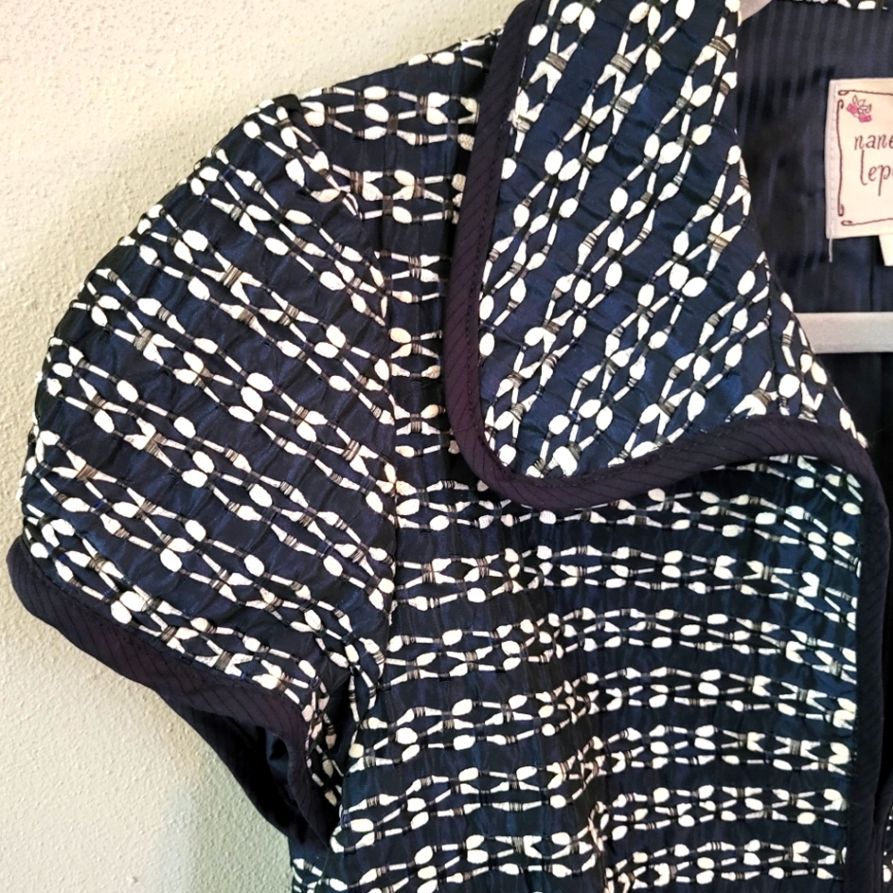 Nanette Lepore Cropped Puff-Sleeve Suit Jacket | Navy Blue and White - Picture 3 of 7